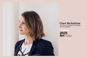 Professional portrait of Clare McAndrew, founder of Arts Economics, wearing a black blazer and white shirt. The image includes "Observer 2025 Art Index" branding with her name and title "Founder & Cultural Economist, Arts Economics," on the right side.