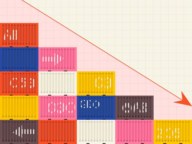 Stacked shipping containers arranged in a descending pattern with a red arrow pointing down, symbolizing declining trade or increased tariffs.