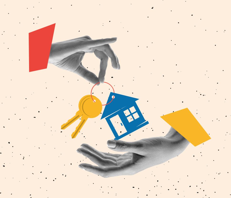 Illustration of one hand passing a set of keys attached to a house icon to another hand, symbolizing the transfer of ownership or succession planning.