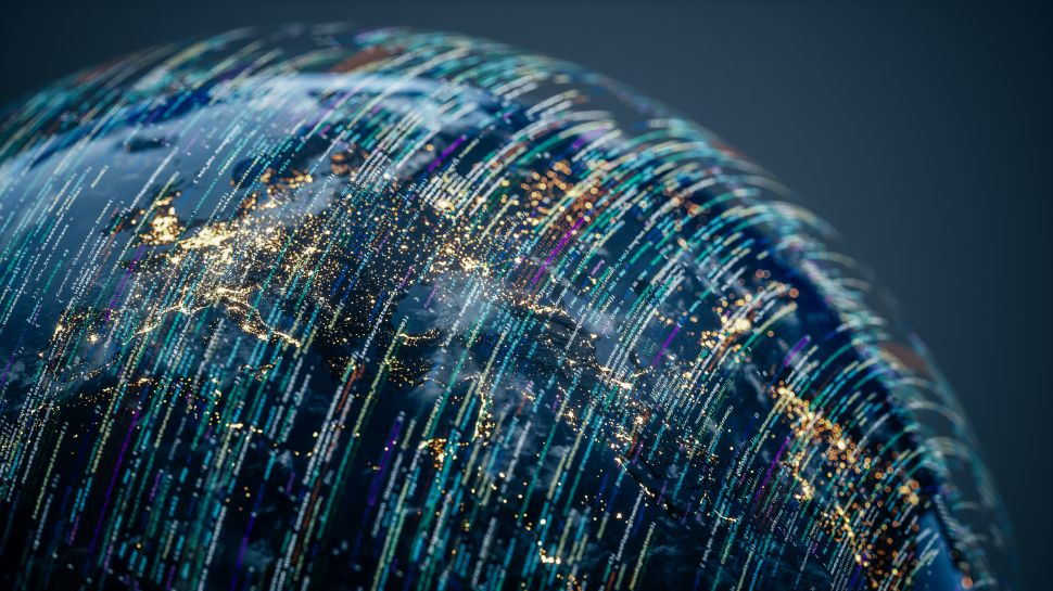 An aerial view of the Earth with data streams and digital overlays