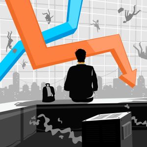 An illustration of a business man sitting on a building roof overlooking financial downturn