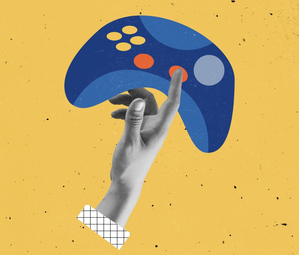 A stylized illustration of a hand holding a video game controller