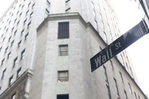 A road sign of Wall Street in New York City.