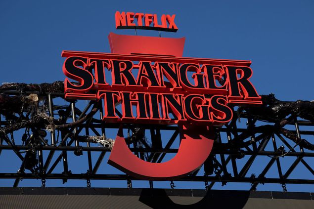 A sign above the main Fairfax stage is seen during the 'Netflix x CicLAviaMelrose Ave: Stranger Things 5 One Last Ride' down Melrose Avenue
