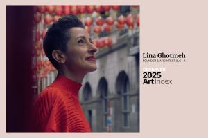 Professional portrait of Lina Ghotmeh, founder of LG—A, wearing a red blouse. The image includes "Observer 2025 Art Index" branding with her name and title "Founder & Architect, LG—A," on the right side.