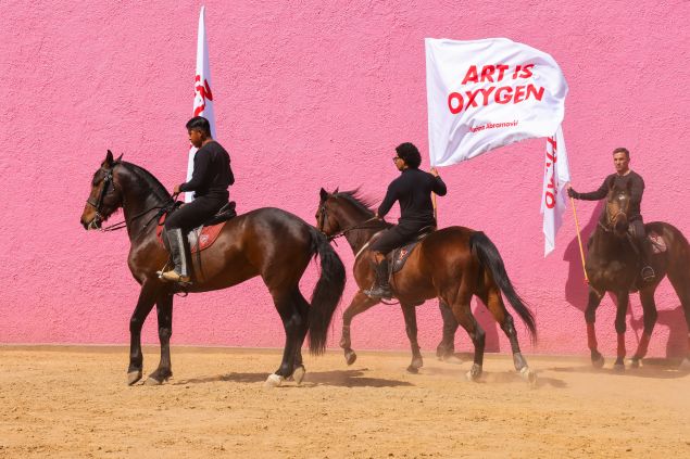 Three horses in front of a pink wall.