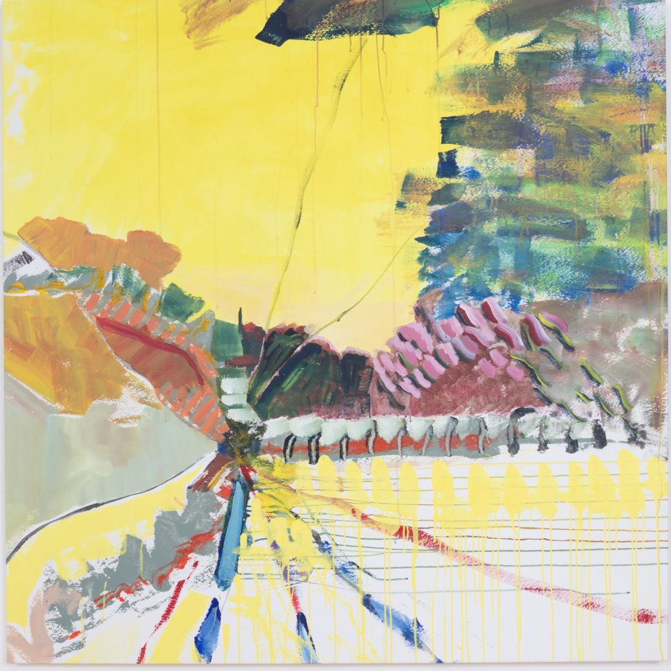 Large abstract painting dominated by a bright yellow background. Layered, expressive brushstrokes in pinks, greens, blues, grays, and oranges radiate from a central crossing point. Drips, scraped textures, and grid-like marks create a dynamic, energetic surface with a sense of movement and tension.