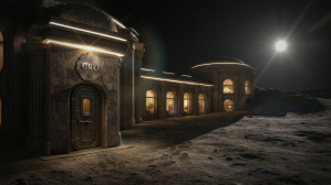 Animated image of the front door of a hotel with lit up windows