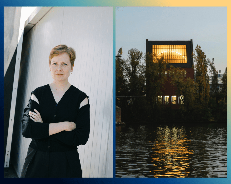 A side by side collage of photos of a woman in black on the left and a warmly lit gallery at night on the right